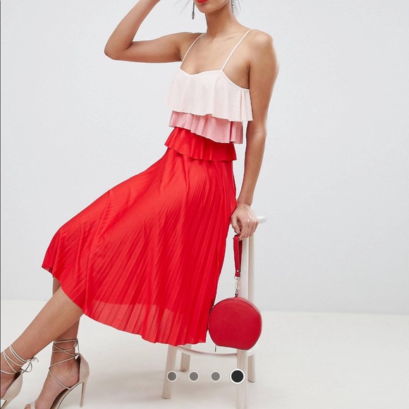 ASOS DESIGN tiered red and pink midi dress, size 6 - Picture 1 of 5